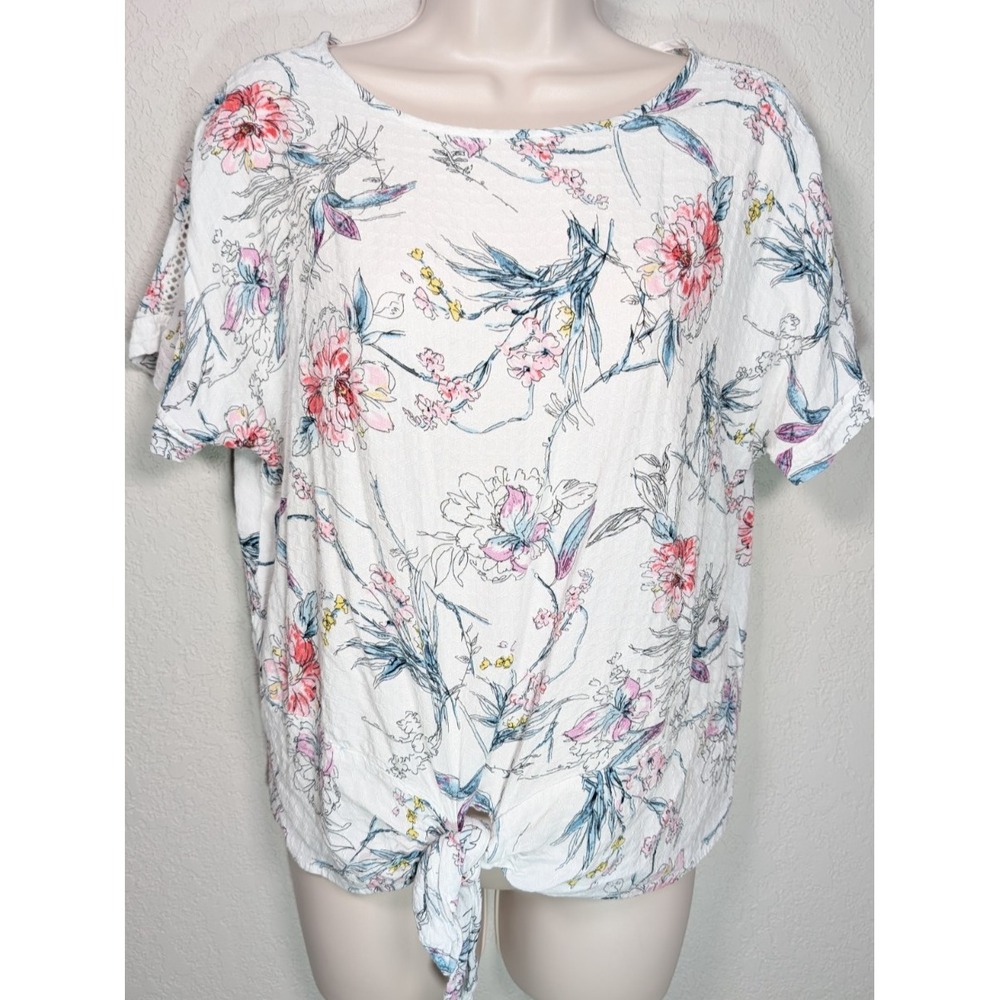 Buffaloβ David Bitton Floral Shirt Top Women's Small Tie Front White Pink Floral